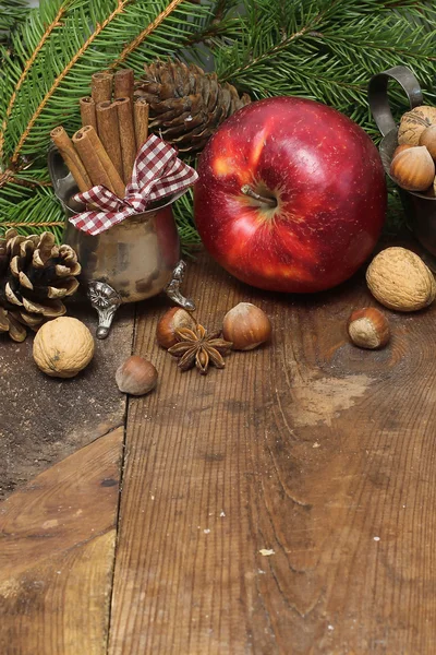 Composizione natalizia con cannella, noci e rami di abete . — Foto Stock