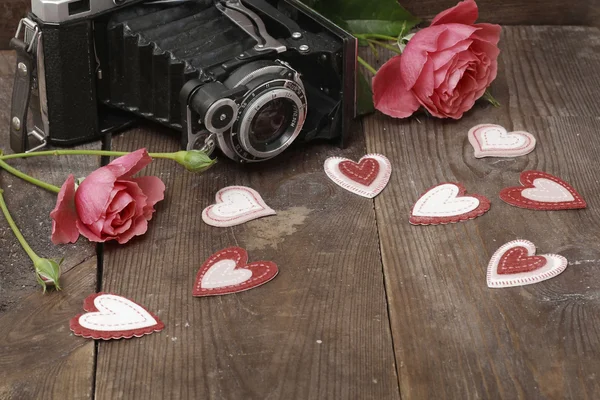 Vintage camera and roses — Stock Photo, Image