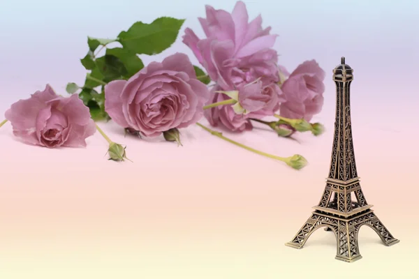 Latar belakang merah muda dengan mawar dan menara Eiffel — Stok Foto