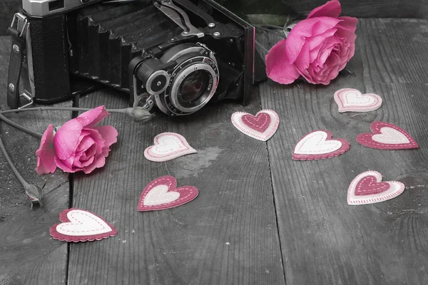 Винтажная камера и розы — стоковое фото