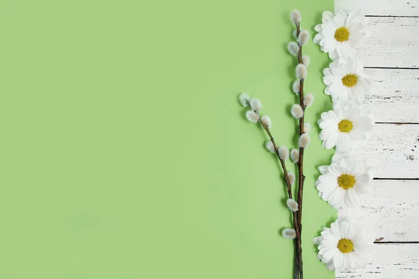 Ανοιξιάτικα λουλούδια και κλαδιά ιτιάς μουνί σε ξύλο φόντο — Φωτογραφία Αρχείου