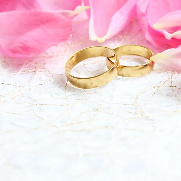 背景のバラとの結婚指輪ペア — ストック写真