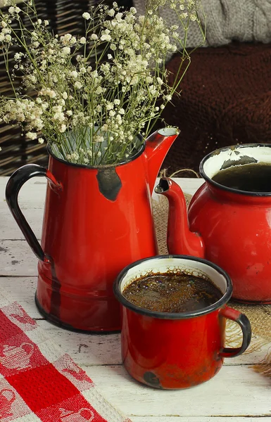 Cup of coffee and jugs in the old style — Stock Photo, Image