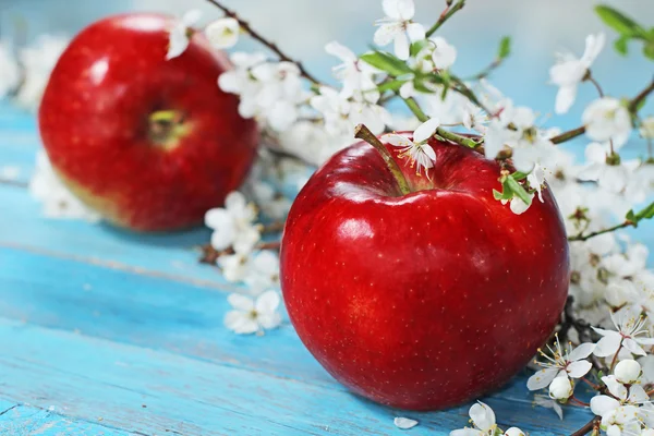 Apple blommor och mogna röda äpplen på blå trä bakgrund — Stockfoto