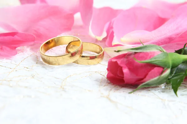 Par de anéis de casamento com rosas para imagem de fundo — Fotografia de Stock