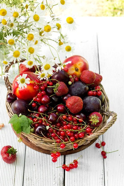 Φρέσκα φρούτα στο καλάθι. Καλοκαίρι στον κήπο — Φωτογραφία Αρχείου