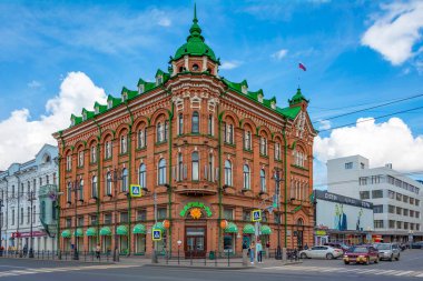 Tomsk, Rusya-30 Ağustos 2020: G. M. Golovanov 'un eski apartmanının tarihi binası, Tomsk, Rusya