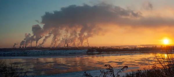Kemerovo Pôr Sol Inverno Área Industrial Vista Margem Direita Rio — Fotografia de Stock