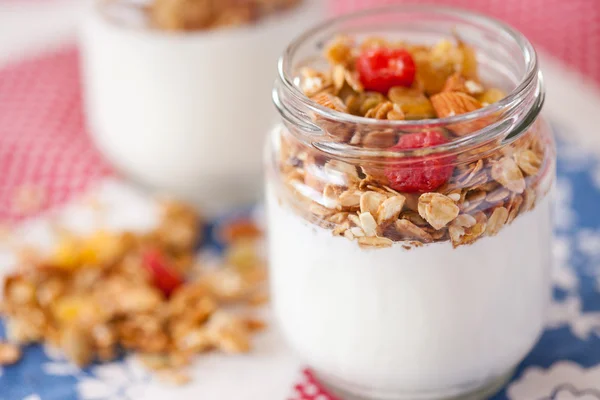 Lahodný a zdravý jogurt s müsli — Stock fotografie