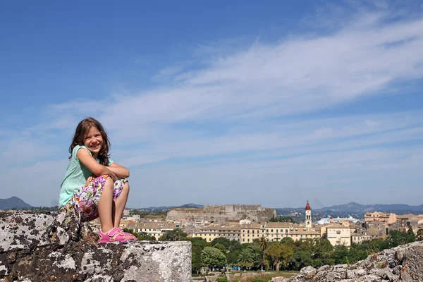 Happy little girl Corfu town Greece — Stock Photo, Image