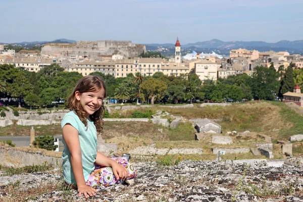 Beautiful little girl on vacation Corfu town Greece — Stock Photo, Image