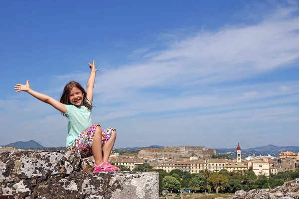 Happy little girl on vacation Corfu town Greece — Stock Photo, Image