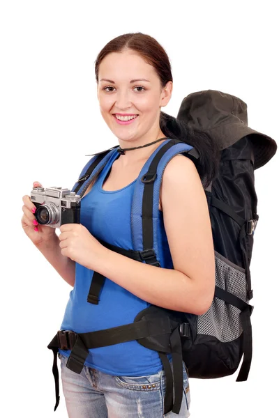 Fille avec sac à dos et vieil appareil photo prêt pour la randonnée — Photo