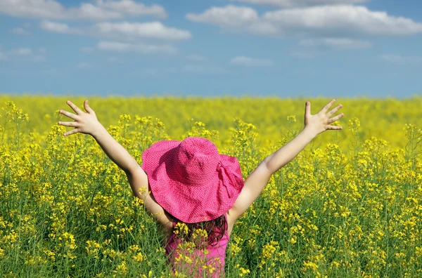 Kleines Mädchen mit Händen nach oben auf dem Feld Sommersaison — Stockfoto