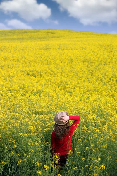 Klein meisje in geel veld zomerseizoen — Stockfoto