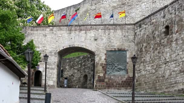 Eger Fort poort en vlaggen — Stockvideo