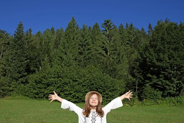 Happy little girl with hands up enjoy in nature — Stock Photo, Image