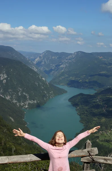 Menina feliz com as mãos para cima na montanha desfrutar na natureza — Fotografia de Stock