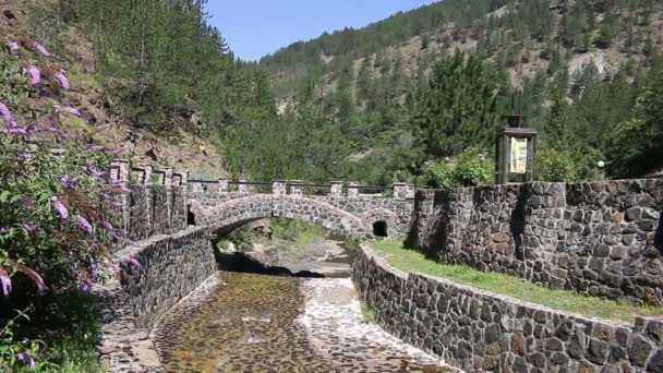 Pequeño puente de piedra en el paisaje de montaña — Vídeos de Stock