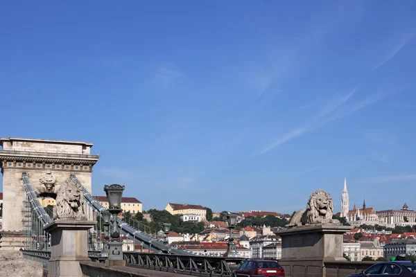 Pont de chaîne avec statue de lion Budapest Hongrie — Photo