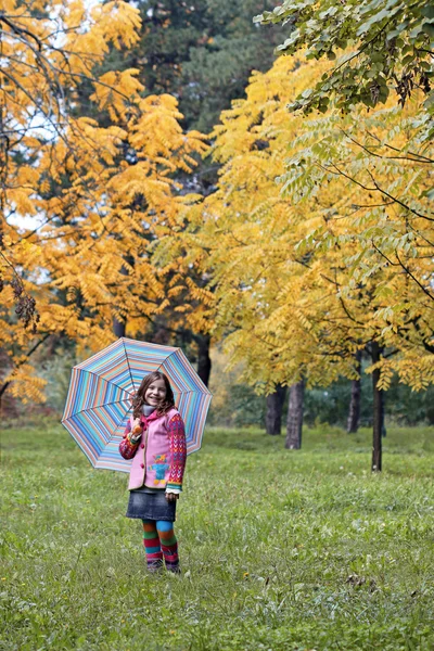 Happy little girl with umbrella in park autumn season — Stock Photo, Image