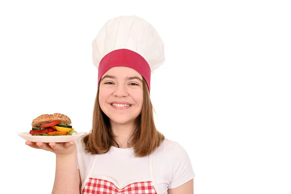 Gelukkig Vrouwelijke Kok Houdt Borden Met Veganistische Sandwich — Stockfoto
