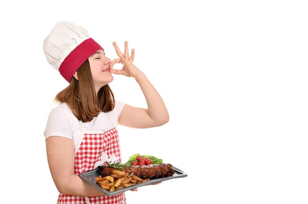 Happy Girl Cook Pork Ribs Plate Hand Sign — Stock Photo, Image