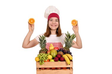 Portakallı kadın aşçı ve diğer meyveler