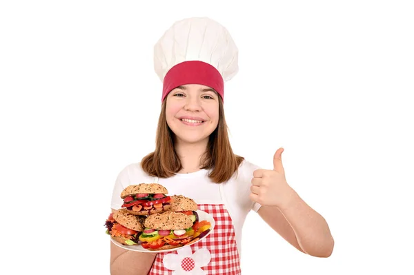 Cocinera Femenina Con Sándwich Verduras Pulgar Hacia Arriba —  Fotos de Stock