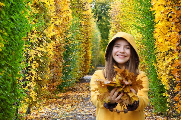 Tiener Meisje Een Capuchon Jas Houdt Bladeren Haar Handen — Stockfoto