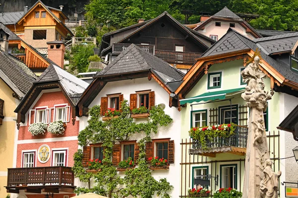 Old Houses Flowers Terraces Hallstatt Village Austria — Stock Photo, Image