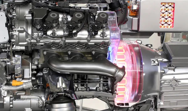 V6 samochód hybrydowy silnik zbliżenie — Zdjęcie stockowe