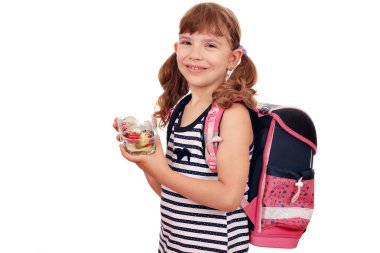 mutlu küçük kız sağlıklı kahvaltı ve okul çantası