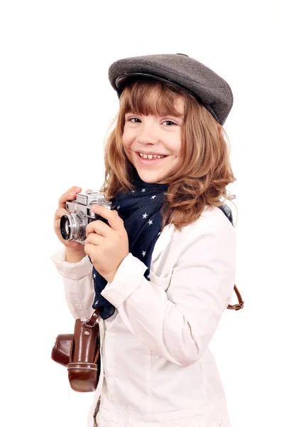 Schöne kleine Fotografin mit alter Kamera — Stockfoto