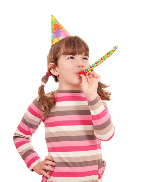 Happy little girl with trumpet birthday party — Stock Photo, Image