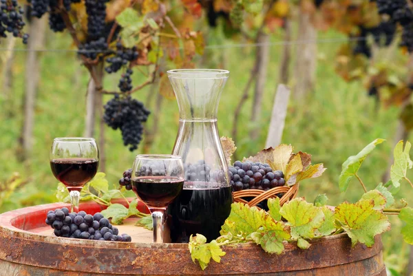 Red wine on wooden barrel autumn season — Stock Photo, Image