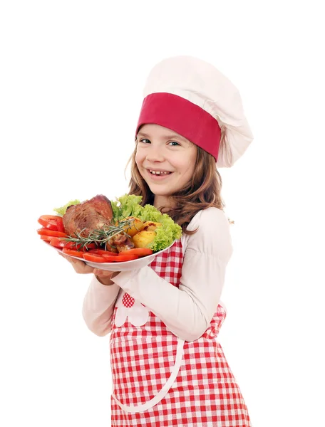 Happy little girl cook with big turkey drumstick — Stock Photo, Image