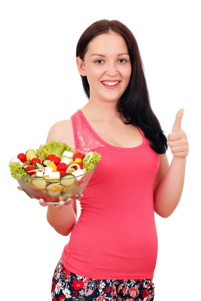 Menina feliz com salada saudável e polegar para cima — Fotografia de Stock
