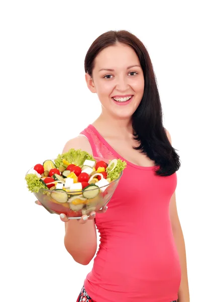 Menina feliz com salada saudável — Fotografia de Stock