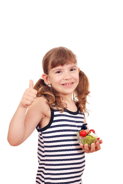 Gelukkig meisje met salade en duim omhoog — Stockfoto