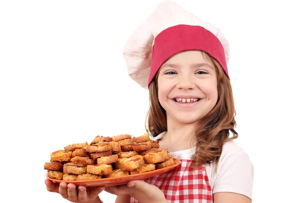Mutlu küçük kız bruschette ile yemek — Stok fotoğraf