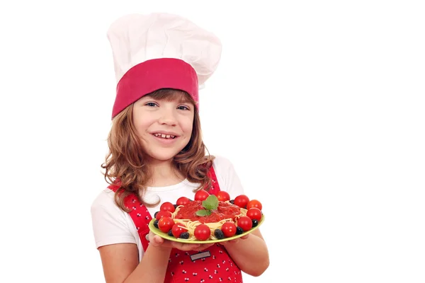 Happy little girl cook with spaghetti — Stock Photo, Image