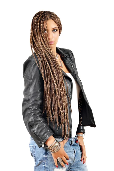 Beautiful girl with dreadlocks hair and leather jacket posing — Stock Photo, Image