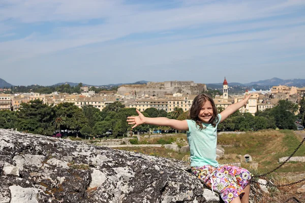 Happy little girl in Corfu town Greece — Stock Photo, Image