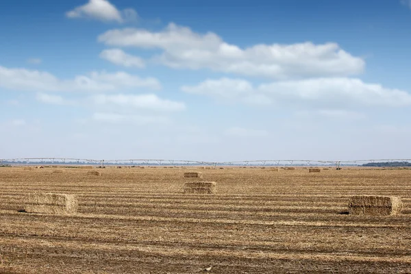 Straw bale and center pivot sprinkler system on field — Stock Photo, Image