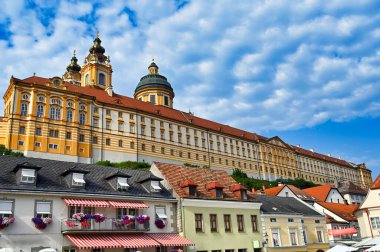 Old town and Melk Abbey Monastery in Wachau valley, Austria