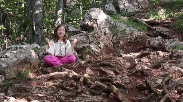 Little girl meditating in the forest — Stock Video