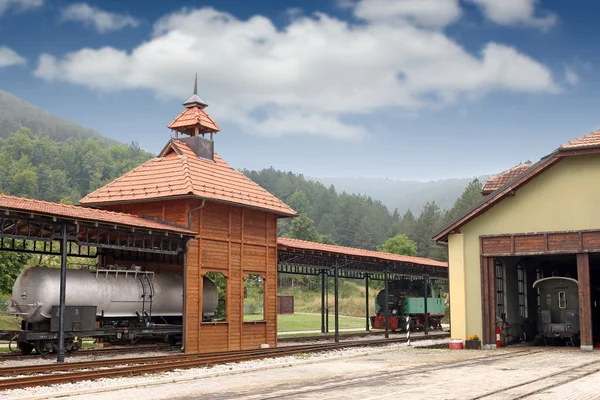 Vecchia stazione ferroviaria con locomotiva a vapore — Foto Stock