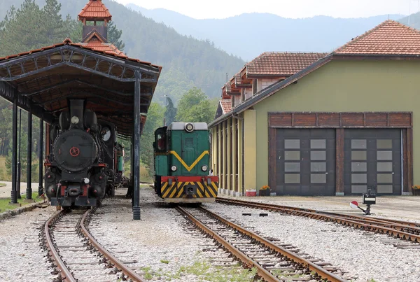 Železniční stanice s staré vlaky — Stock fotografie