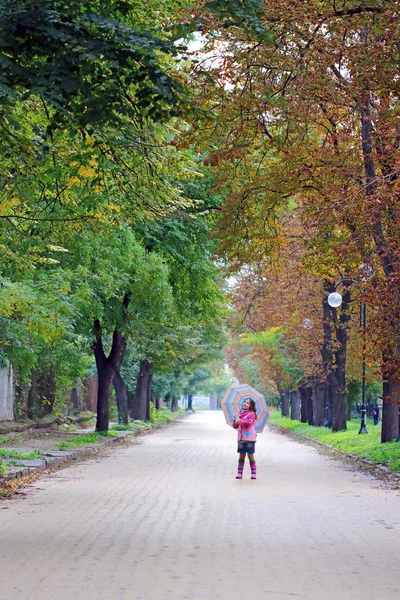 漂亮的小女孩，用上街头深秋季节的伞 — 图库照片